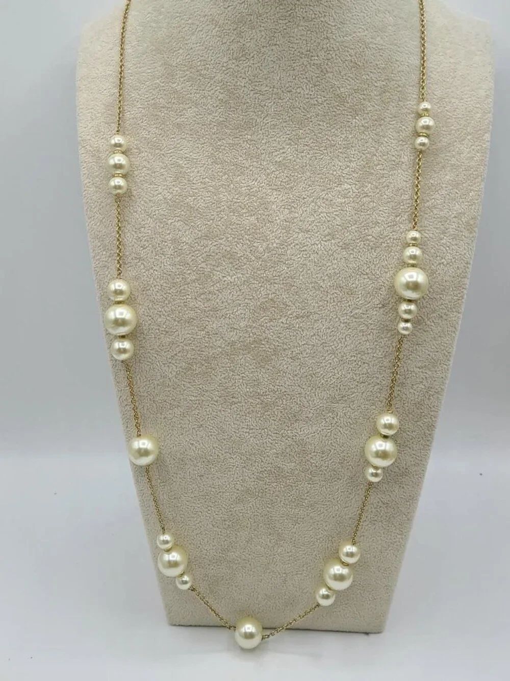 J Crew Gold Tone Long Pearl  Crystal Station Necklace
